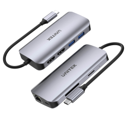 Hub USB-C 8w1 2xHDMI 4K Czytnik RJ-45 PD 100W | Unitek D1122A01