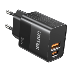 Ładowarka sieciowa USB-C PD USB-A QC 3.0 20W czarna | Unitek