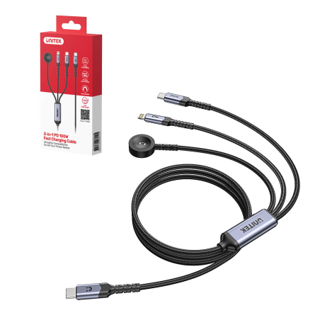 Kabel UNITEK 3 w 1 USB-C Lightning Apple Watch PD 100W z opakowaniem