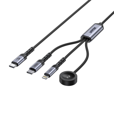 Końcówki kabla UNITEK 3 w 1: USB-C 100W, Lightning 27W, magnetyczne złącze Apple Watch